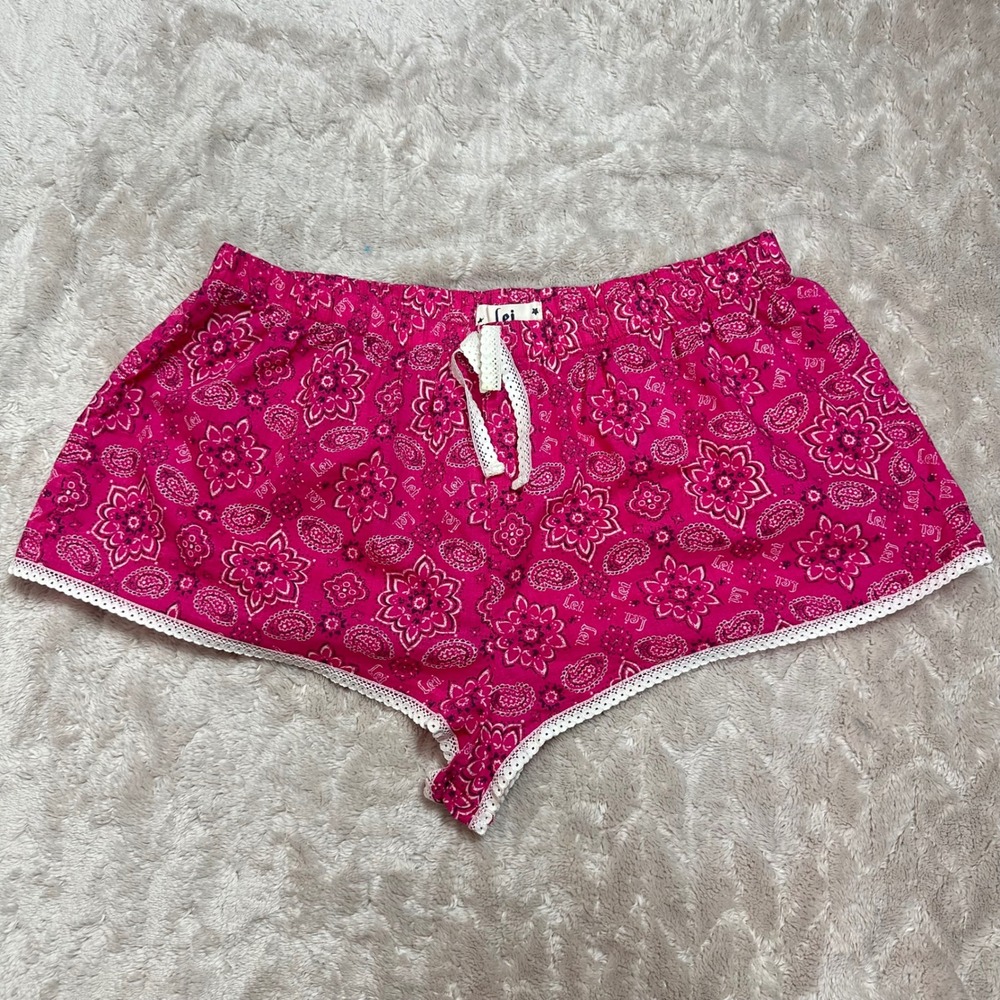Lei Pink Paisley Bandana Micro Shorts Y2K Sleepwear Lace Trim Womens Large